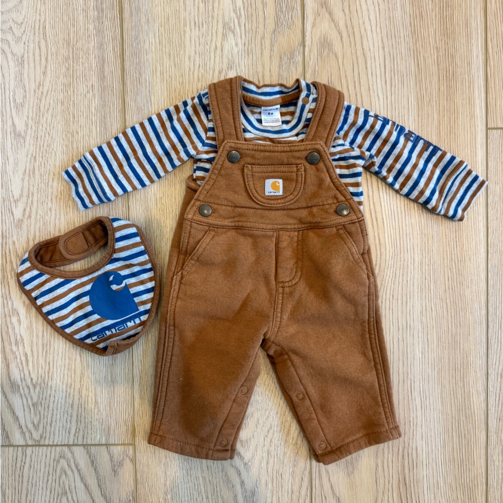 Carhartt Kids Tan Overalls with Striped Bodysuit